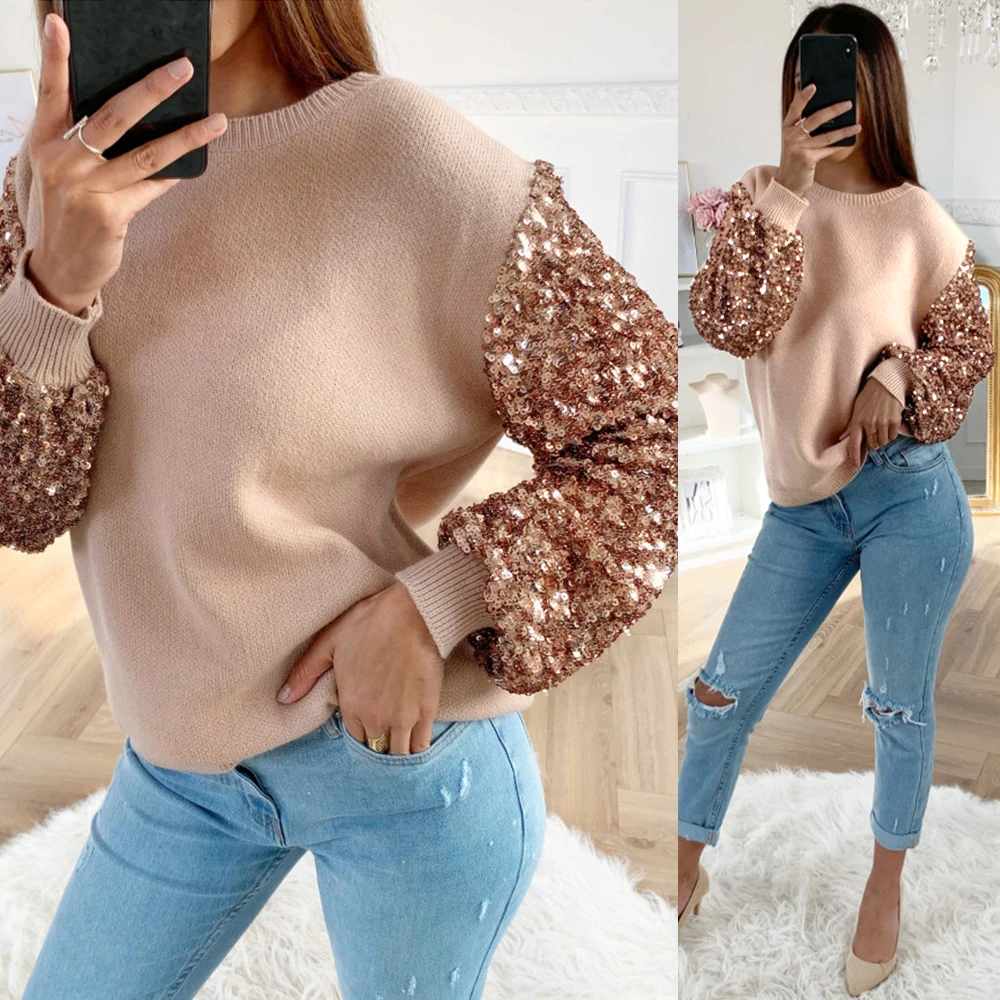 

Autumn Women Sweater Tops Lantern Long Sleeve Sequins Bling Lady Pullover Sweater Korean Slim Knit Slim Sweater Female Knitwear