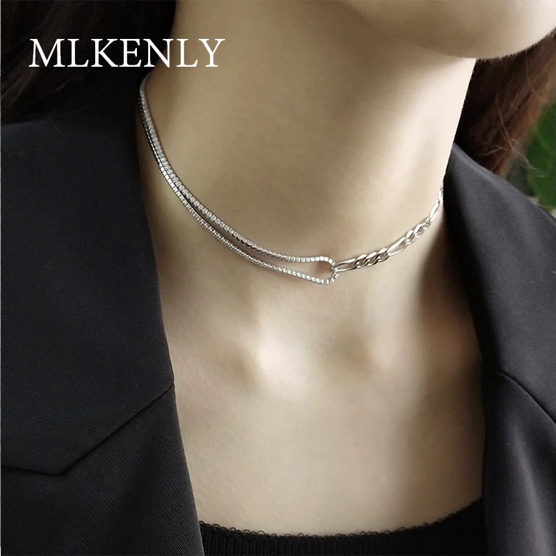 MLKENLY,, 925 пробы, серебро, INS, модное короткое асимметричное колье, цепочка и звено, ожерелье для женщин, высокое качество, вечерние, подарки
