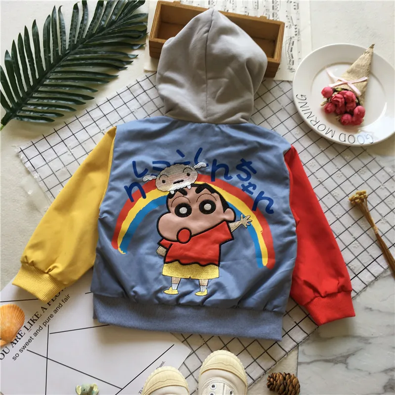 

Tonytaobaby осенне-зимняя одежда, новый стиль, детская летная куртка контрастных цветов с капюшоном, мультяшное пальто