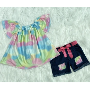 

Baby girl clothing set with tie-dye prints kids outfits children denim shorts set