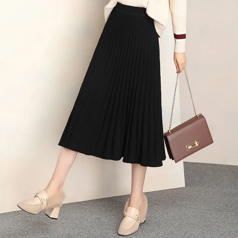 

Knitted Big Hemline Pleated Skirt Women's 2019 Autumn And Winter New Style Mid-length Full Skirt Women's Thick High-waisted A- l