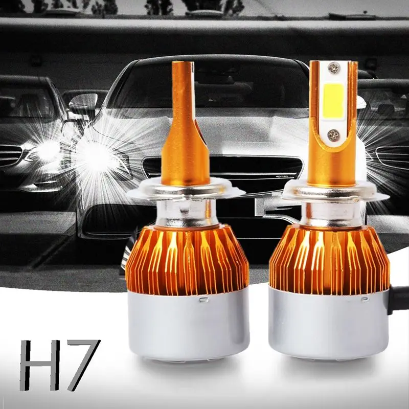 

2pcs C6 LED Car Headlight Kit COB H7 36W 7600LM White Light Bulbs Gold