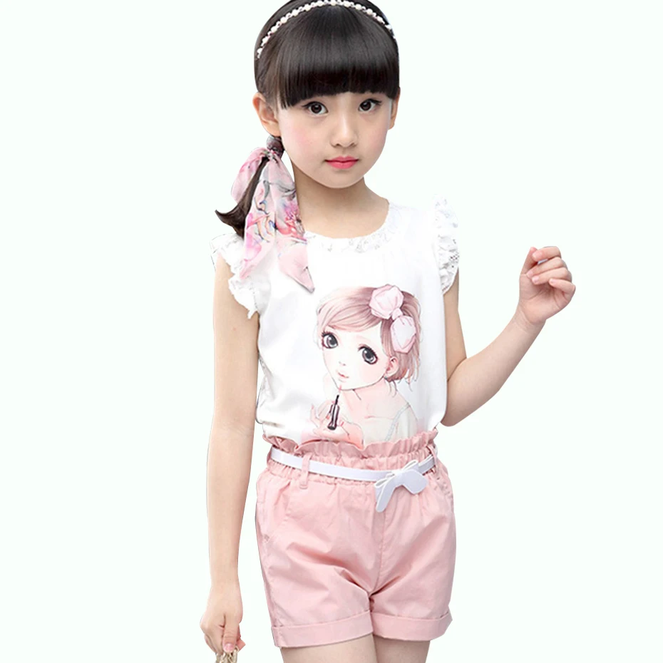 Детская одежда футболка с мультяшным принтом и шорты 2 шт. для девочек кружевной
