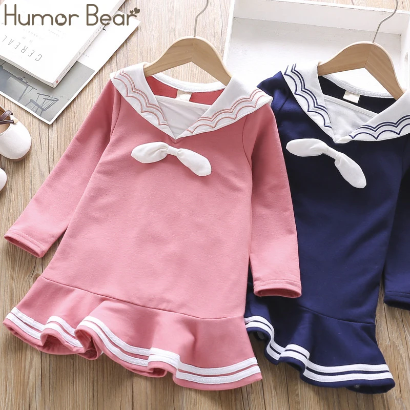 

Humor Bear 2019 New Autumn Girls Dress Korean Version Cute Bow Lapel Sweater Dress Long-sleeved Princess Dress Baby Clothing