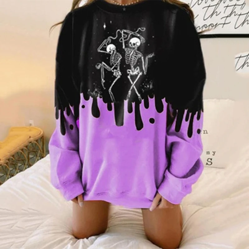 

Plus Size Sweatshirts Women Fashion Skull Print Streetwear Casual Loose Autumn Winter Thin Long Sleeve O-Neck Sport Pullover Top