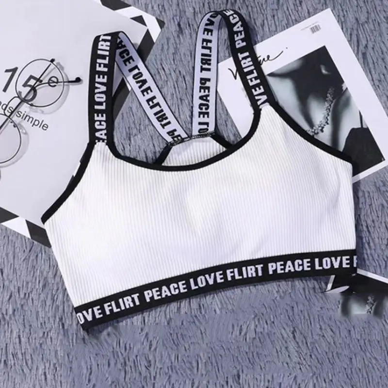Women Knitted Letter Printing Bras Wide Shoulder Strap Stretch Bra Sexy Cotton Bra - Цвет: W