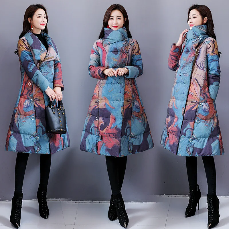 

Women's 2019 Winter Retro Flower Cotton-padded Clothes Slim Fit A- line National Style Coat down Jacket Cotton-padded Clothes Qc