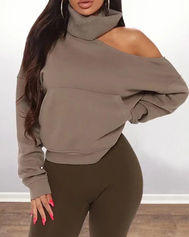 

2020 Women Autumn Spring Fashion Basic Solid Cold Shoulder Plain Pocket Design Sweatshirt High Neck Chic Hollow Out Warm XXXL
