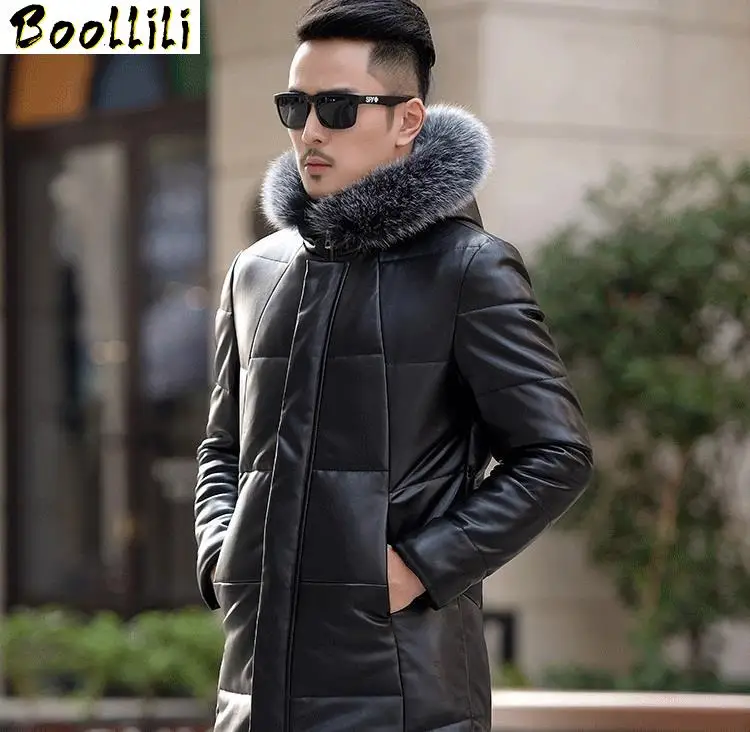 Boollili Winter Leather Jacket Men Duck Down Long Coat Male Fox Fur Collar Second Layer of Sheepskin Outwear | Мужская одежда