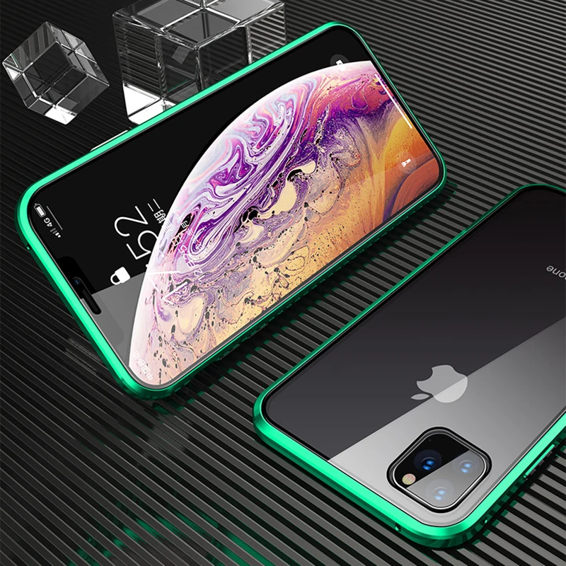 Металлический магнитный адсорбционный чехол для iPhone 11 Pro XR X XS Max 11 7 8 Plus, двусторонний защитный чехол из закаленного стекла для телефона - Цвет: Green