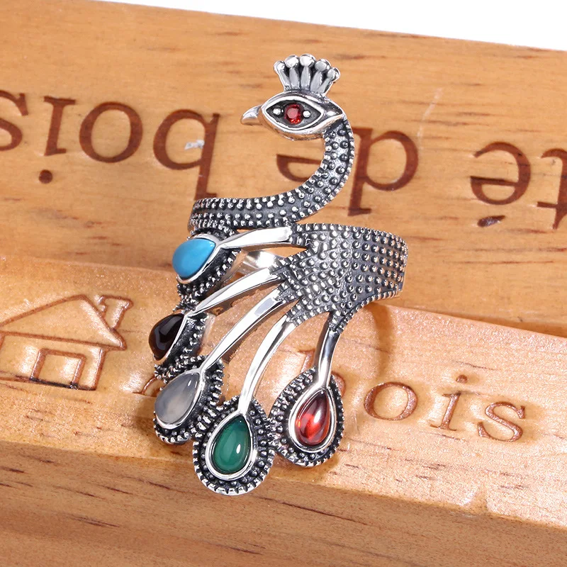 

JSH Peacock Adjustable Ring Thai Silver Accessories Old Silversmith Agate Phoenix Forefinger Ring Retro Nation Women's