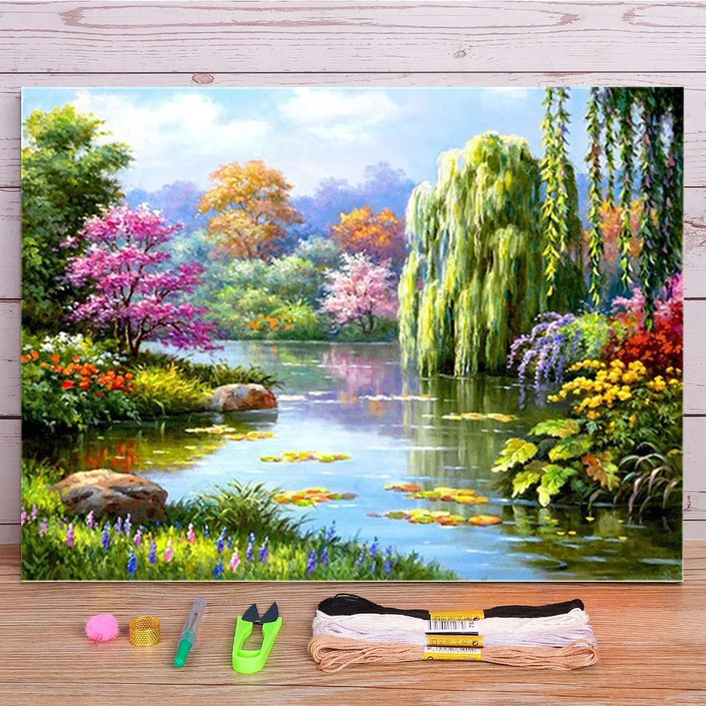 Landscape nature printed water soluble canvas 11ct cross stitch kit