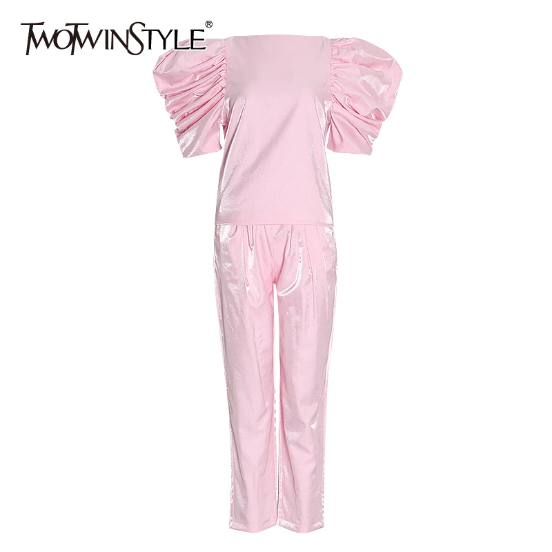 

TWOTWINSTYLE Casual Pink Two Piece Set Women O Neck Puff Sleeve Shirt High Waist Ruched Pants Tunic Female Suit 2020 Clothes New