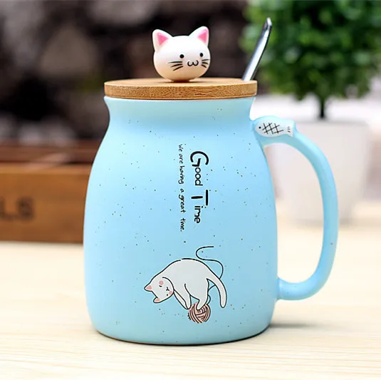 450ml Cartoon Ceramics Cat Mug With Lid and Spoon Coffee Milk Tea Mugs Breakfast Cup Drinkware Novelty Gifts - Цвет: Синий