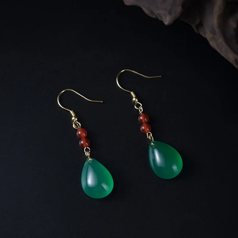 Серебро 925, ювелирные изделия, Зеленый Халцедон, серьги-капли, натуральный камень, этническая элегантность, серьги-Крючки для женщин, женские ювелирные изделия