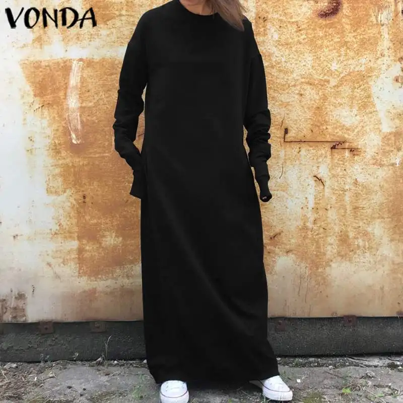 VONDA/платье для беременных с длинным рукавом; осень г.; однотонные макси платья; повседневное богемное платье; женское элегантное платье с круглым вырезом