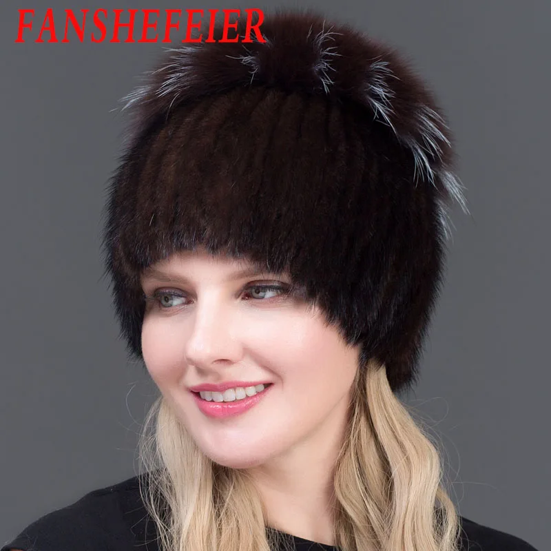COLOR4 FANSHEFEIER женская меховая шапка зимняя натуральная норковая шапка с меховым помпоном из серебра лисы вязаные шапочки шапка новая распродажа меховые шапки - Цвет: COLOR4