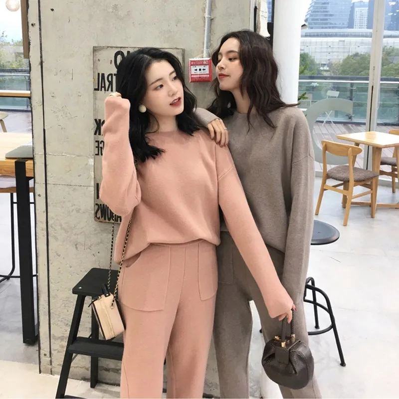 

Winter Casual Knit Sweater Two piece set Tracksuits O-neck Long Sleeve Jumpers & Pants Female Knitted 2 Pieces Set JK536