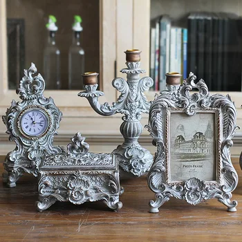 

European Antique Silver Carved Photo Frame Cosmetic Case Candlestick Standing Home Wedding Decoration Gift for Friend Desktop