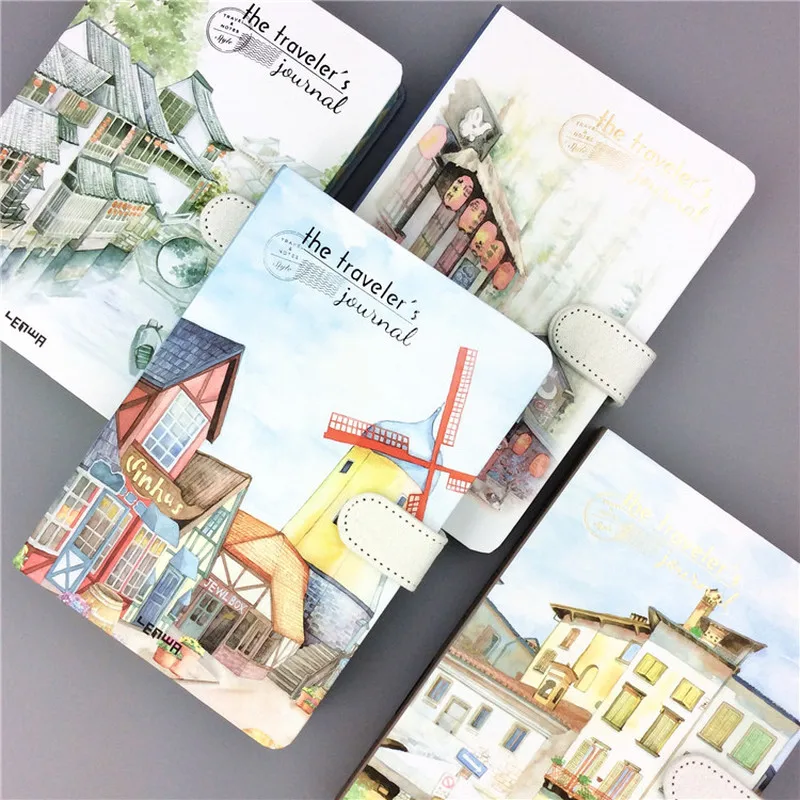 Small Fresh Hand Account 32K Color Page Magnetic Buckle Blank Notebook Coated Side Travel Account 3 Beautiful Town