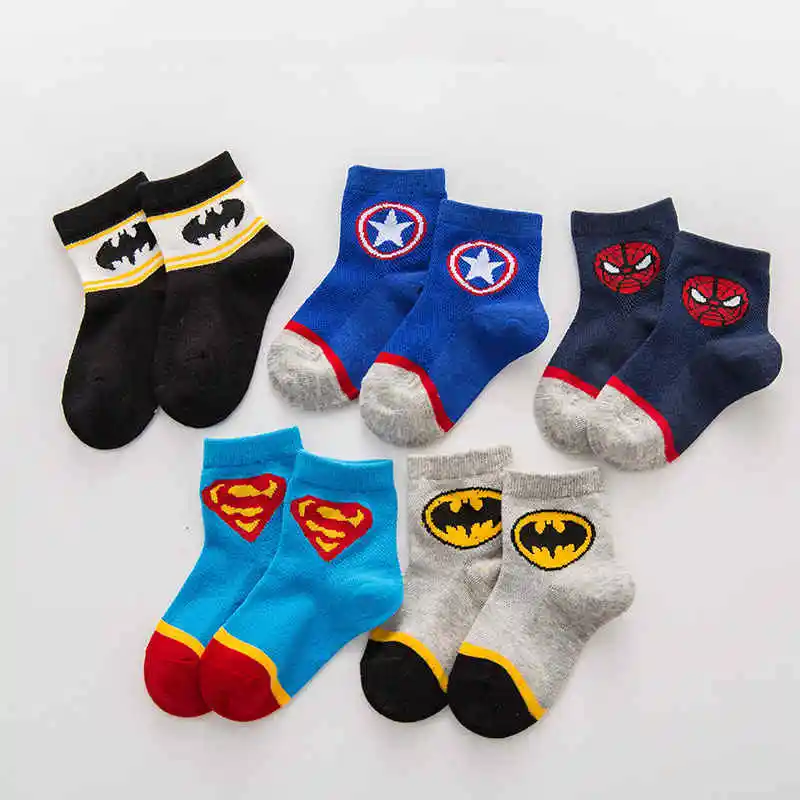5 пар зимних носков для маленьких мальчиков мультяшный супергерой Marvel Superman Spiderman Batman iron man, детские осенние хлопковые Дышащие носки