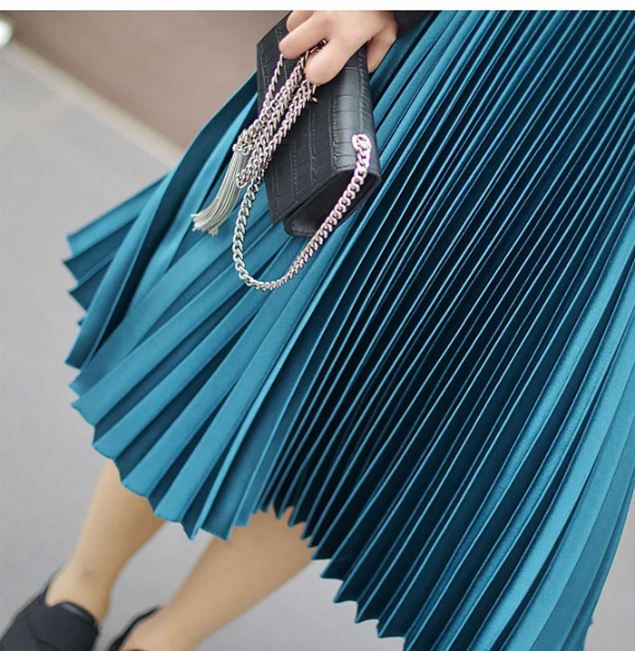Плиссированные юбки женские Осень Зима Высокая талия длинная юбка металлический цвет бальное платье Вечерние Повседневные макси юбки Saia Faldas