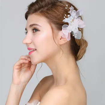 

NPASON Chiffon flower pearl girl's metal hair barrettes decorative bridal hair clips