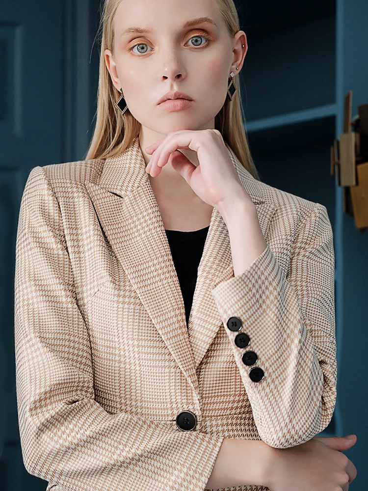 

2019 Year New Women Luxury Business Pants Suit Two Pcs Plaid Printed Full Sleeves Single Button Work Office Clothing Set