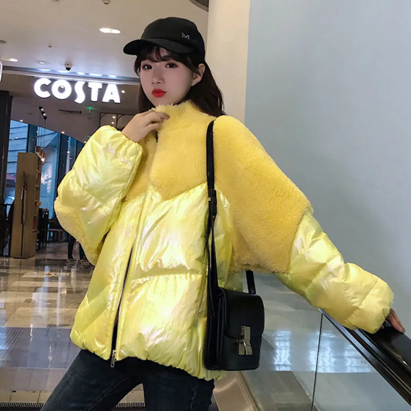 yellow Блестящая хлопковая одежда; большие размеры; Женская Блестящая куртка; Новинка года; зимнее пушистое короткое пальто для девочек с мехом и шерстью; 72 - Цвет: yellow