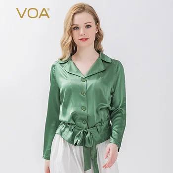 

VOA Satin 19 M/M Stretch Silk Business Suit Collar Shoulder-Long-Sleeve Shirred Tie-Waist Skin Fit T-shirt B2072