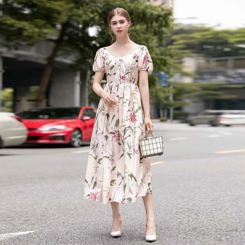 

Sexy Long Dress High Quality Summer New Women'S Fashion Work Party Boho Beach Vacation Vintage Elegant Chic Lily Print Dresses