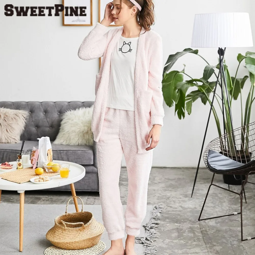 SWEETPINE, новинка, зимняя Пижама, костюм, высокое качество, женская пижама, мягкая ночная рубашка, милая, повседневная, 2 штуки, цветочный принт, пальто и штаны