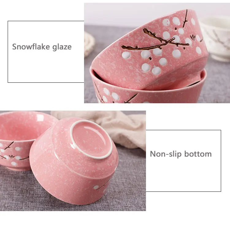 Ceramic bowl and plate Japanese tableware home snow glaze underglaze simple cute pattern bowl noodle rice bowl 10 Pack
