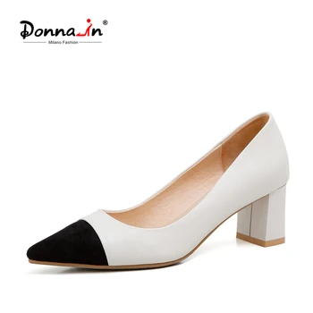 

Donna-in Large Size Color Matching Thick Heel Women's Pumps Pointed Toe High Heels Genuine Leather 2020 Fashion Female Shoes
