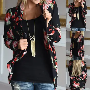 

2019 Fashion Women Floral Print Long Rose print Sleeve Cardigan Loose Kimono Coat Outerwear