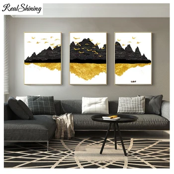 

Triptych 5D DIY square/round Diamond painting Abstract Gold and Black Mountain Birds full Diamond embroidery Cross Stitch F8