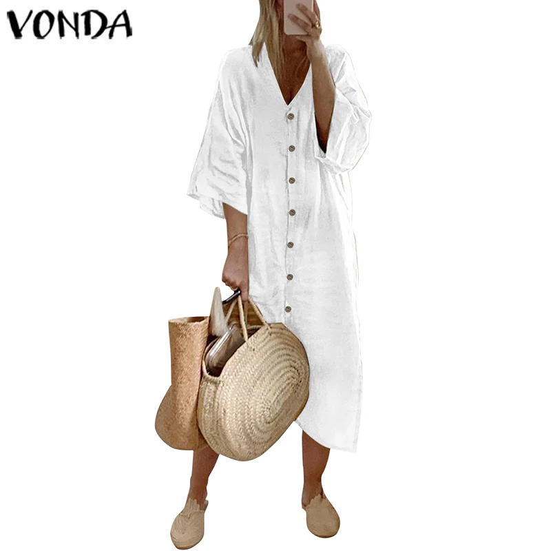 VONDA, повседневные, вечерние, длинные платья, женские летние платья с рукавом до локтя, винтажные, на пуговицах, богемные, Vestidos, женские летние сарафаны, S-5XL - Цвет: White