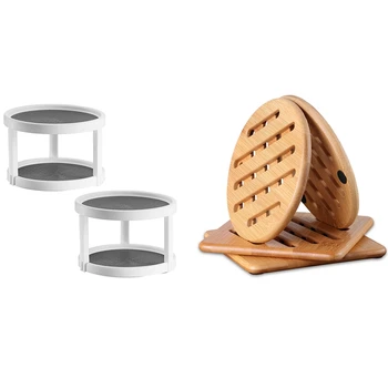 

Heat Resistant Non-Slip Bamboo Trivets Pot Mat with 2 Tier 360 Degree Rotating Spice Rack,10 Inch White/Gray