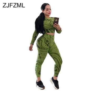 

Printed Sexy Two Piece Set Track Suit Women O-Neck Long Sleeve Crop Tops and High Waist Long Pencil Pants Festival Sweatsuit