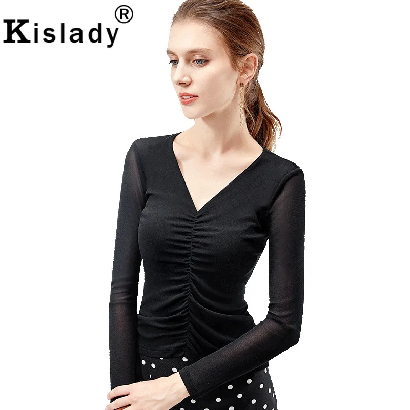 Kislady, осень, женские сексуальные футболки с v-образным вырезом, тянущиеся, плиссированные, OL, тонкие, облегающие, топы размера плюс, готическая одежда