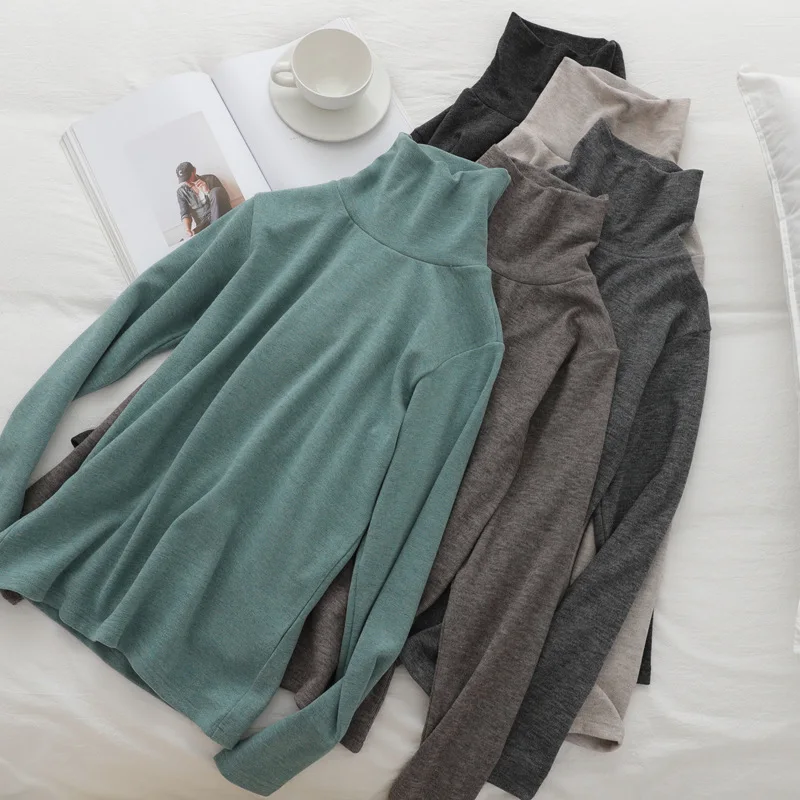 Женская водолазка из хлопка с начесом однотонная зимняя многослойная рубашка