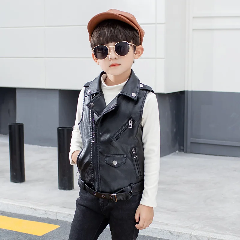 Autumn Kids Boys PU Leather Vest Pure Black Locomotive Leather
