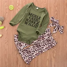 Детская одежда для новорожденных девочек,, одежда штаны с леопардовым принтом, повязка на голову с бантом, круглый вырез, геометрический рисунок, длинный рукав, костюм, комплект из 3 предметов