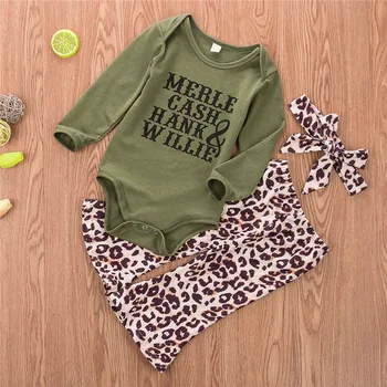 

Kid Newborn Baby Girl free shipping clothes leopard print Pants bow HeadBand round neck Geometry long sleeve Bodusuit 3pc Outfit