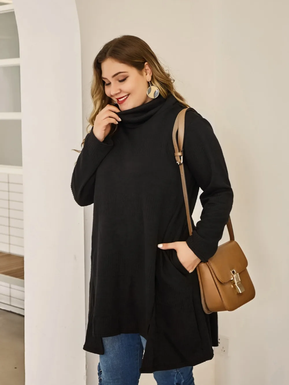 autumn winter plus size tops pullover for women large thick loose cotton high collar long sweater black 4XL 5XL 6XL 7XL