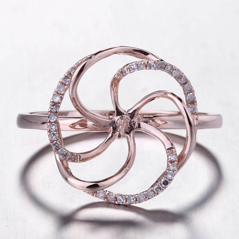 HELON Solid 14K Rose Gold Pave Natural Diamond Engagement Wedding Semi Mount Ring Setting Women Fine Jewelry fit 8-11mm Pearl | Украшения и
