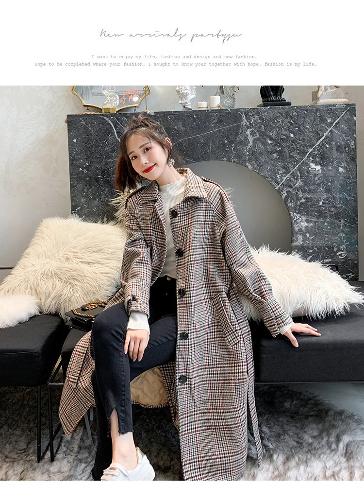 Large Size Dress Woolen Jacket Autumn And Winter New Style Fat Mm Korean-style Loose-Fit Slimming Waist Hugging Retro Plaid