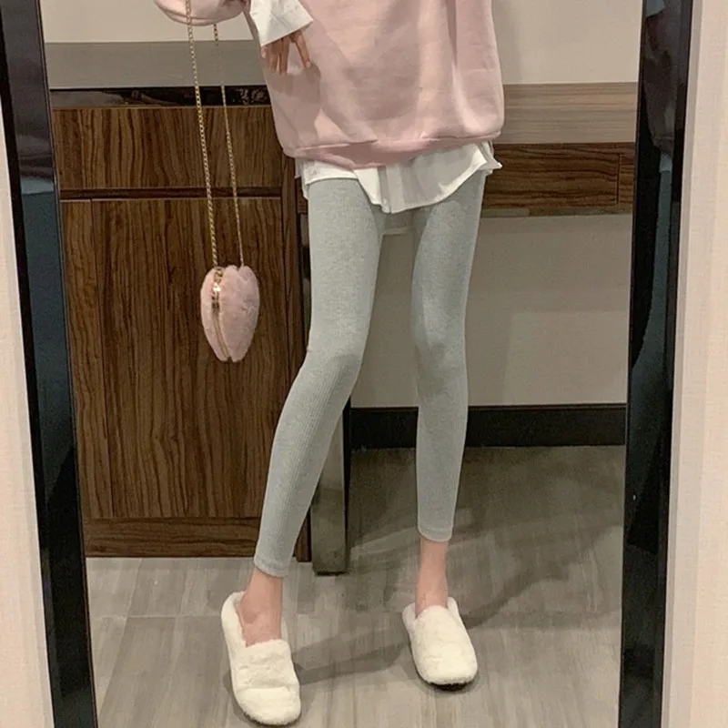 

Women Autumn Thin Section Casual Solid Color Leggings Stretchy Elastic Pencil High Waist Feet Nine Pants