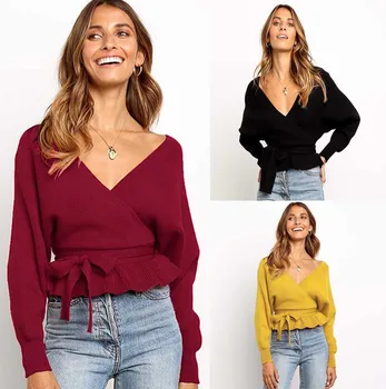 

Fashion Women Winter Warm Deep V-Neck Lace Knitted Long Sleeve Sweater Tops Dropshipping Winter 2020 fashion Selling Work clo