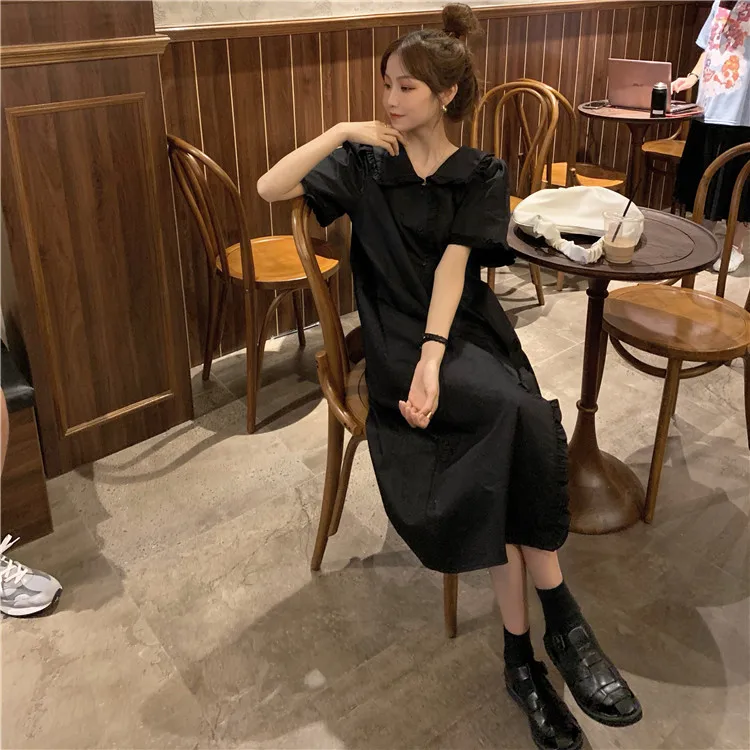 Korean Chic Summer New Sweety Girly Dress Peter Pan Collar Cute Petal Sleeve Single-breasted Solid Dresses Pure Blouses Dress